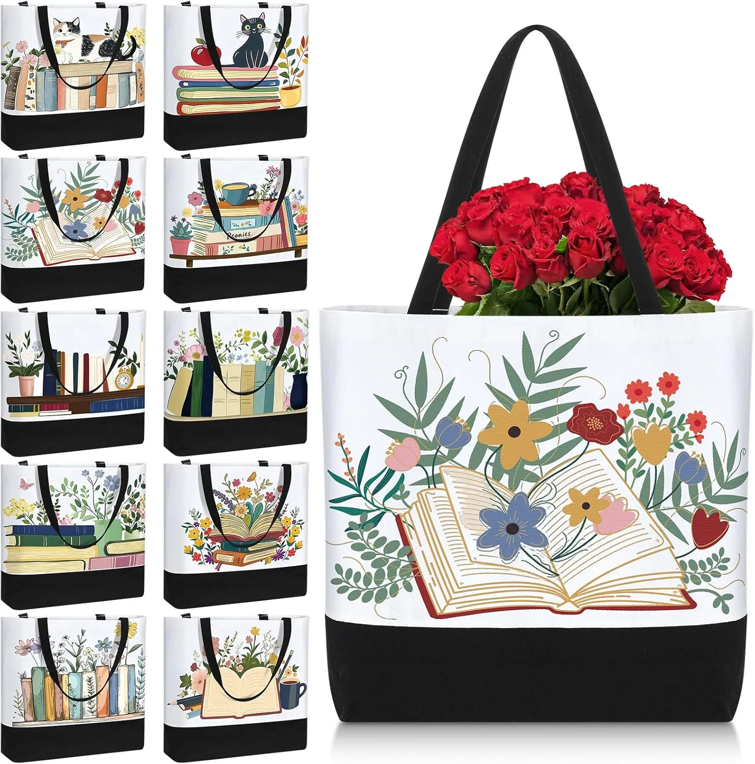 10 Pcs Book Canvas Tote Bag Bulk for Women Cute Book Lovers Club Bookish Gifts Bags with Handle for Librarian Reader