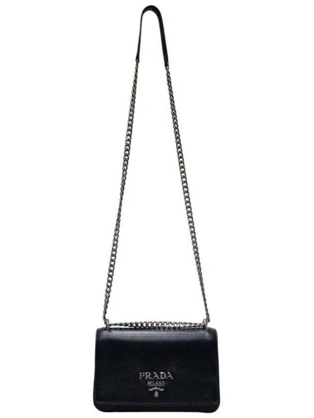 1BD144 Black leather silver chain mini cross bag