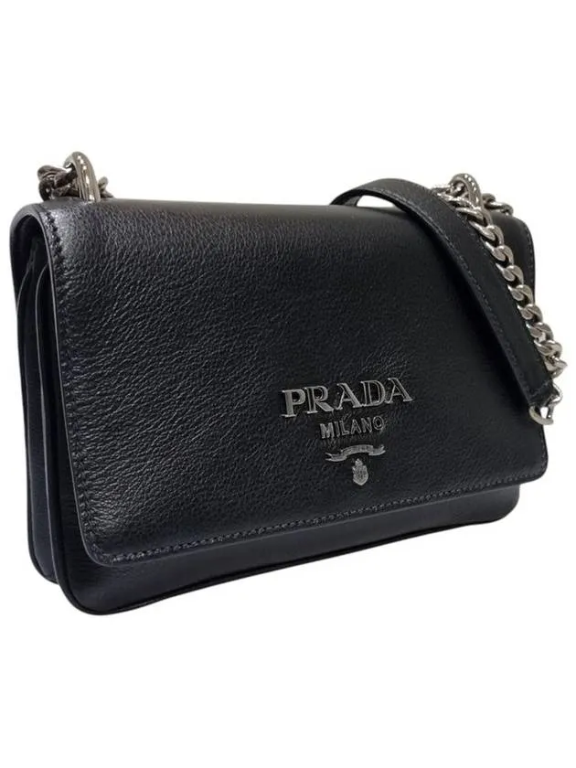 1BD144 Black leather silver chain mini cross bag