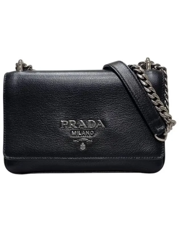 1BD144 Black leather silver chain mini cross bag
