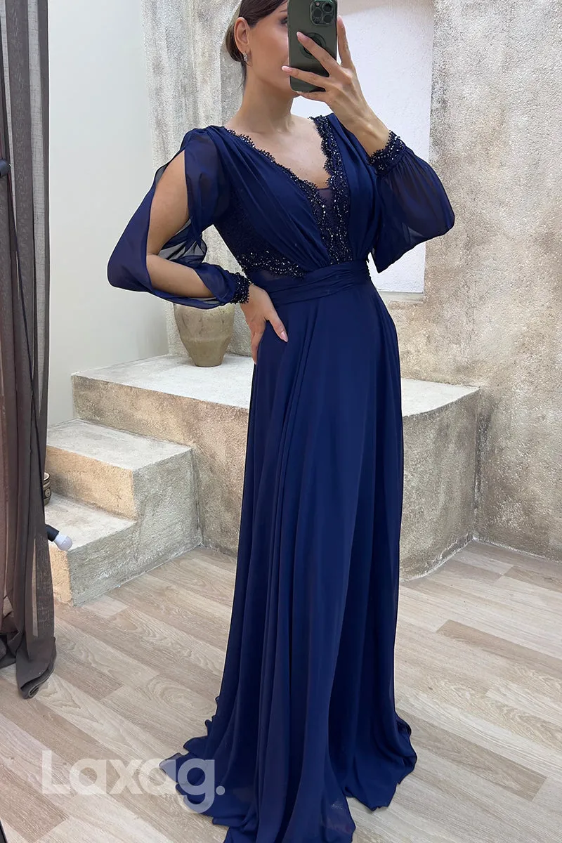 22075 - Illusion V neck Lace Appliques A Line Long Sleeves Formal Evening Dress