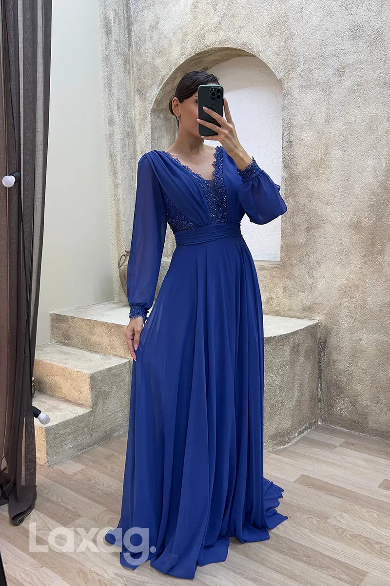 22075 - Illusion V neck Lace Appliques A Line Long Sleeves Formal Evening Dress