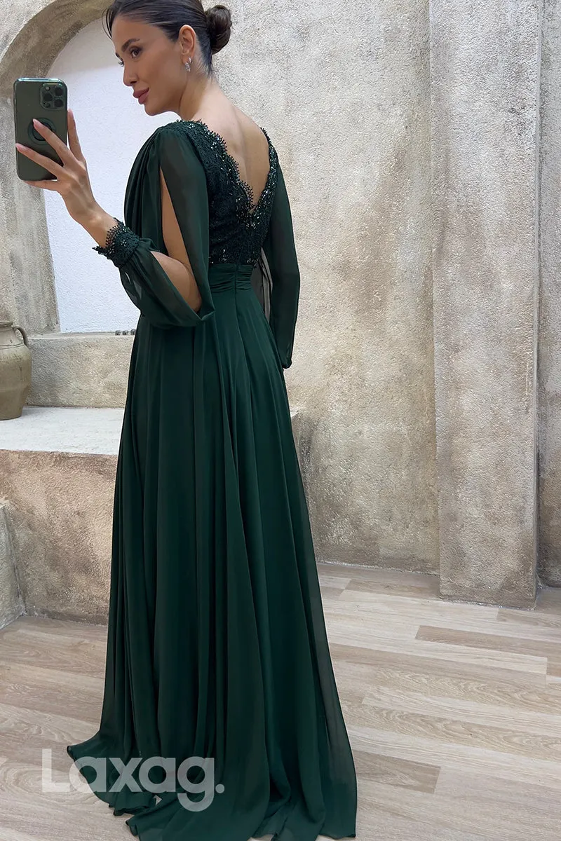 22075 - Illusion V neck Lace Appliques A Line Long Sleeves Formal Evening Dress