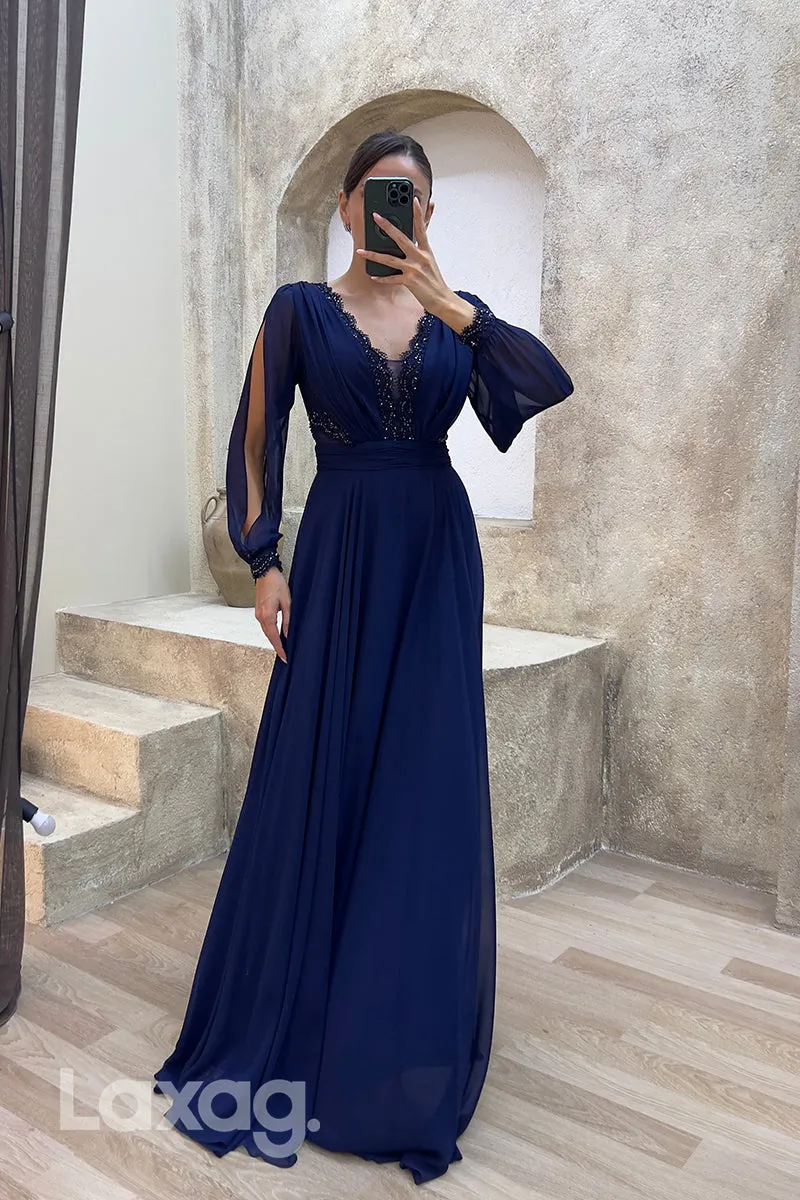 22075 - Illusion V neck Lace Appliques A Line Long Sleeves Formal Evening Dress