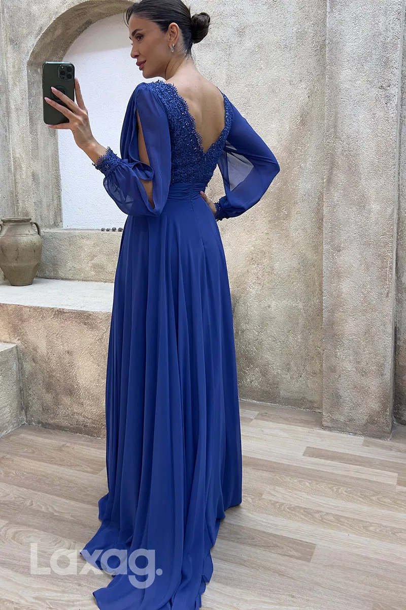 22075 - Illusion V neck Lace Appliques A Line Long Sleeves Formal Evening Dress