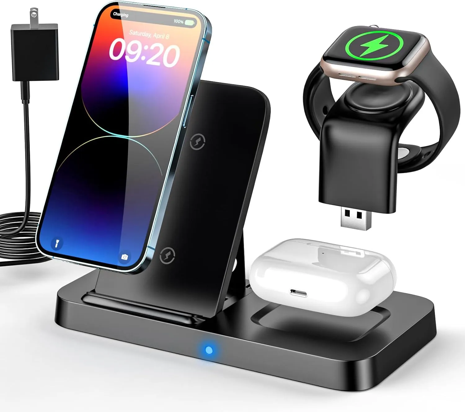 3 in 1 Wireless Charging Station, Portable Fast Wireless Charger for iPhone 15/14/13/12/11/Xr/X/8Plus/8 Phone Charger Stand Compatible with Apple Watch, Charging Dock for AirPods (with Adapter)