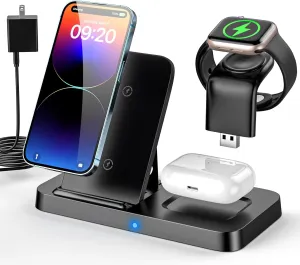 3 in 1 Wireless Charging Station, Portable Fast Wireless Charger for iPhone 15/14/13/12/11/Xr/X/8Plus/8 Phone Charger Stand Compatible with Apple Watch, Charging Dock for AirPods (with Adapter)