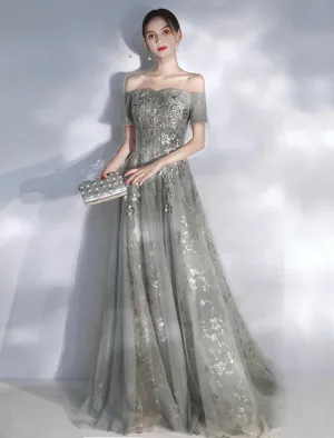A-Line Evening Gown Glittering Dress Engagement Formal Evening Floor Length Short Sleeve Off Shoulder Spandex with Sequin Appliques
