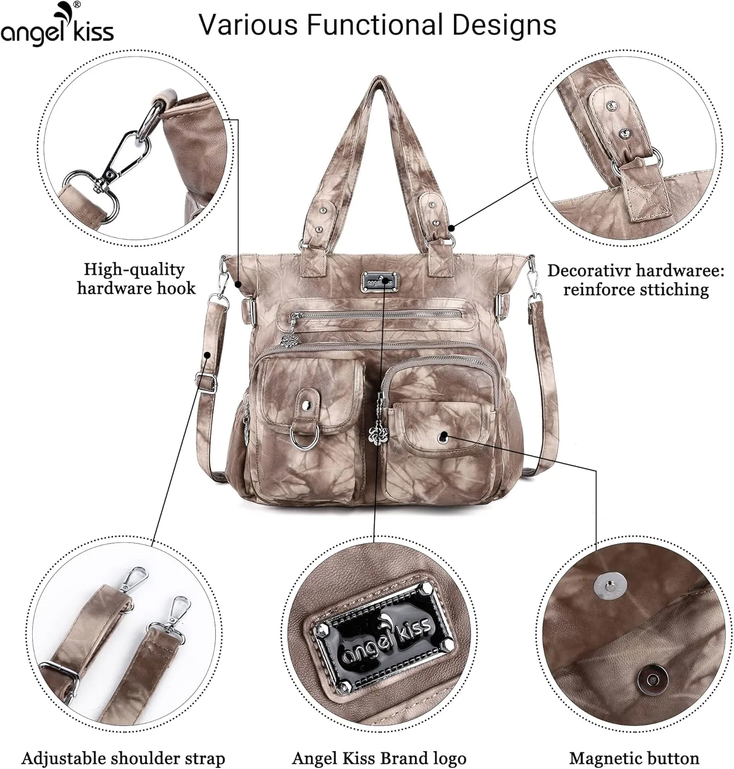 Angelkiss Purses Handbags for Women PU Tote Satchel Bags for Women Pockets Shoulder Bags
