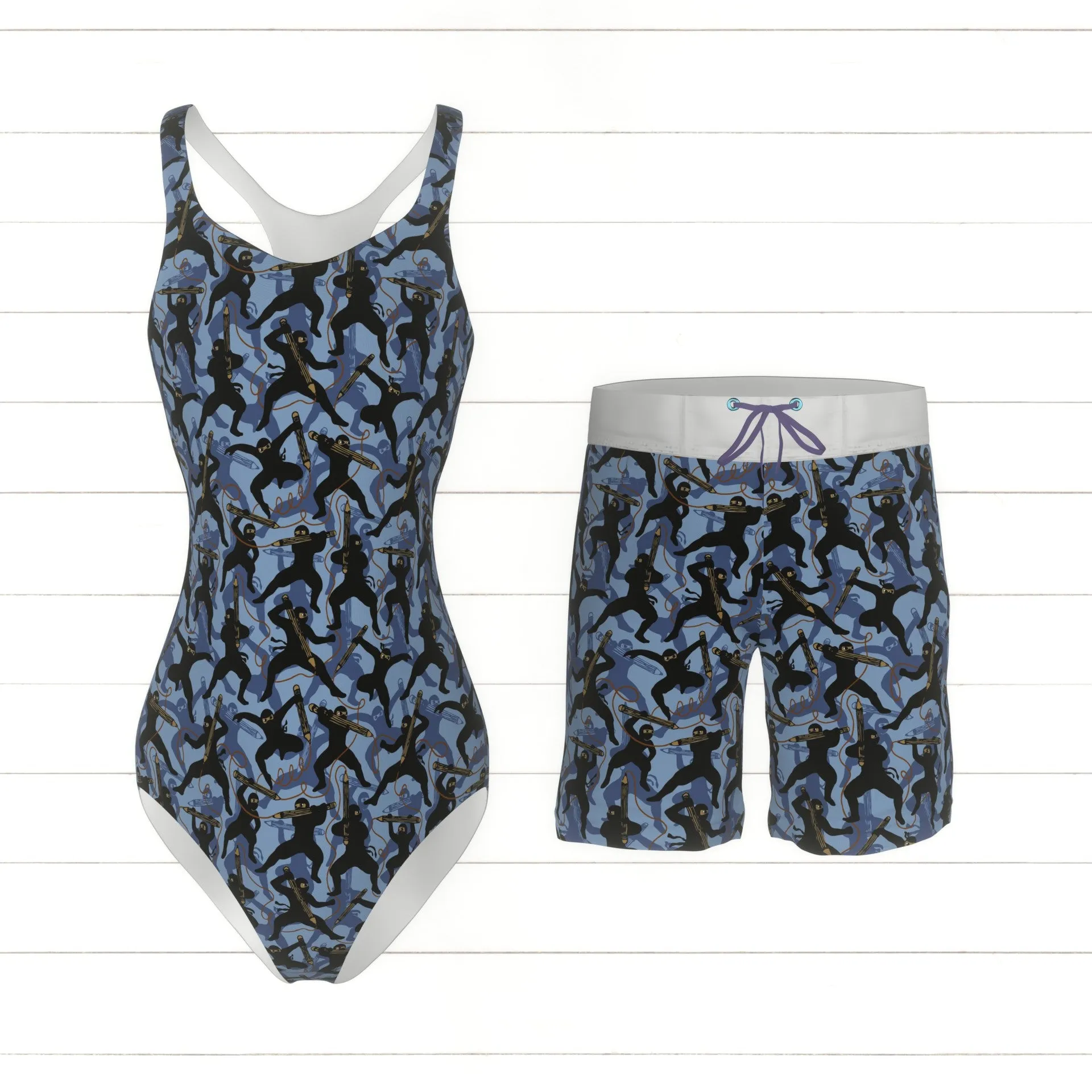 Back to school ninjas with pencils blue grey shades