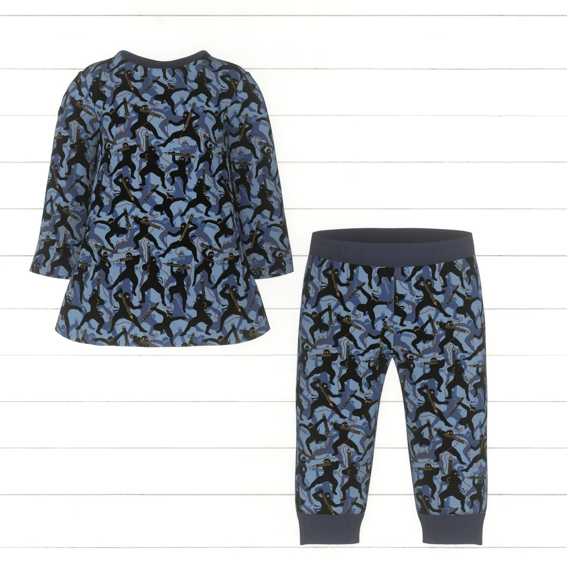 Back to school ninjas with pencils blue grey shades