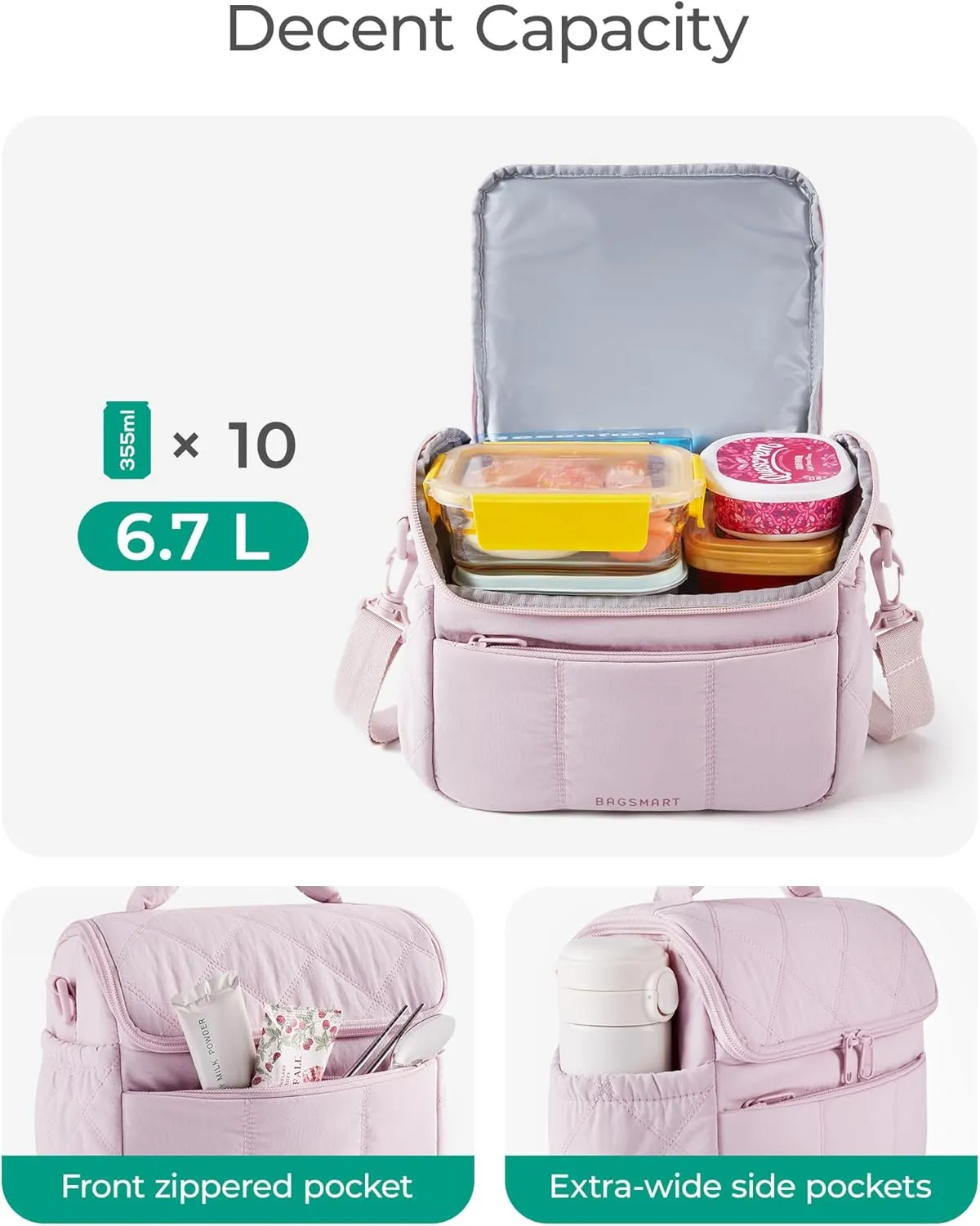 BAGSMART Insulated Lunch Bags for Women, Cute Quilted Lunch Box, Lightweight Puffy Padded Waterproof Lunch Tote, Reusable Lunch Cooler for Work Picnic Travel, Camel