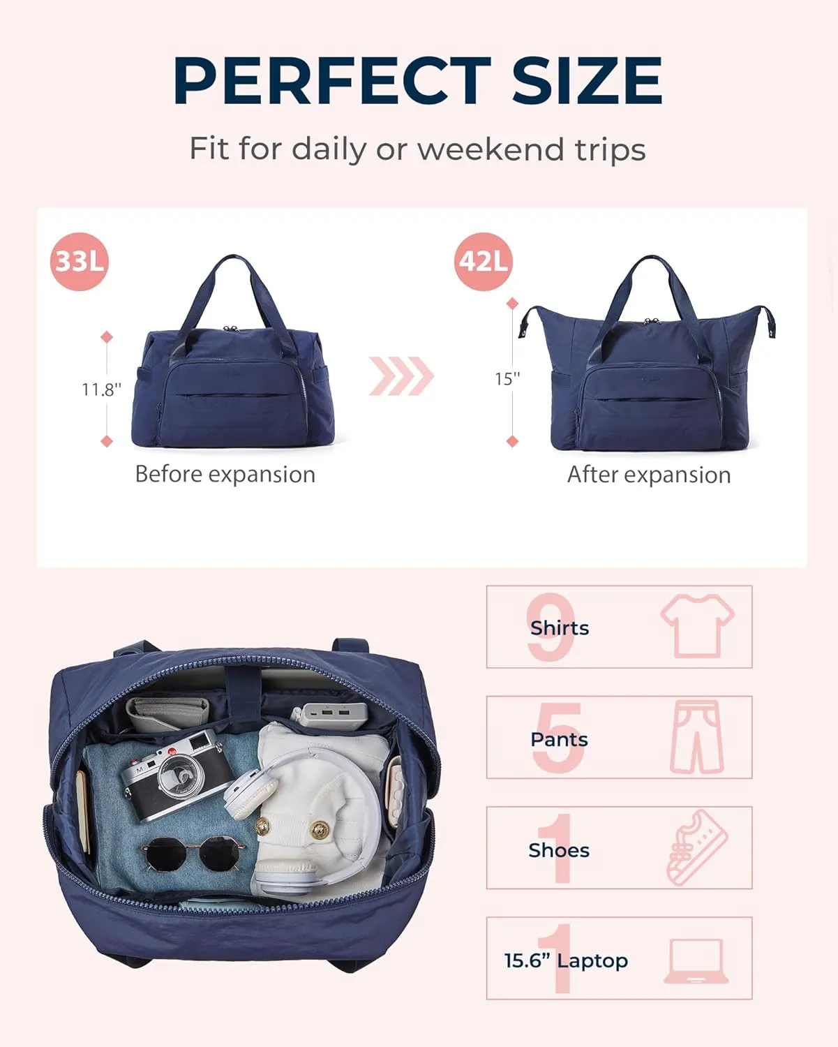 BAGSMART Travel Duffle Bag, Weekender Bags for Women Large Carry on Overnight Bag, Gym Bag with Trolley Sleeve, Personal Item Travel Bag Workout Dance Bag, Navy Blue