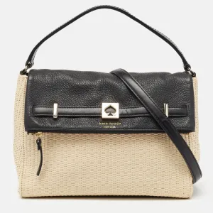 Beige/Black Woven Straw and Leather Loula Shoulder Bag