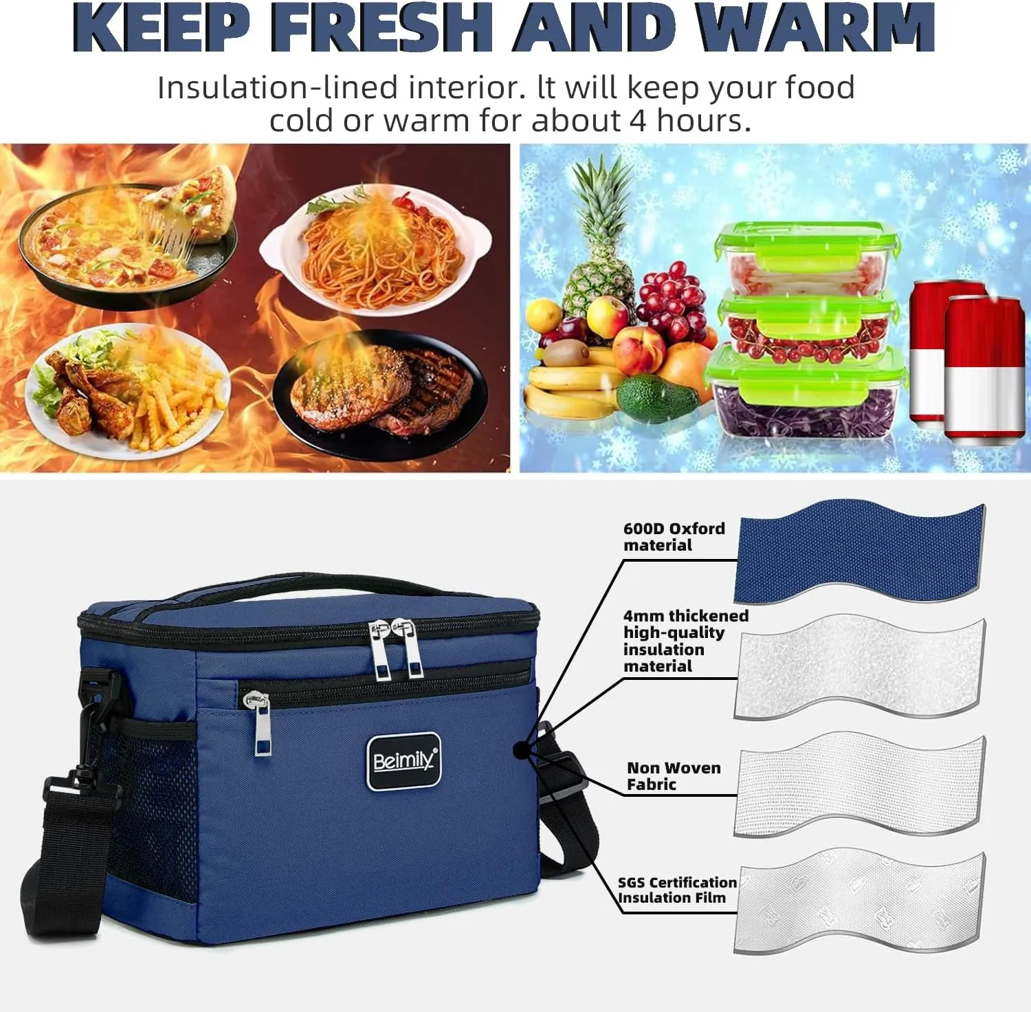 BEIMILY Lunch Box for Men/Women,Small Insulated Lunch Bag,Reusable LunchBox for work Picnic Hiking Beach,Leakproof Soft Cooler Tote Bag Organizer with Adjustable Shoulder Strap for Adults (Blue)