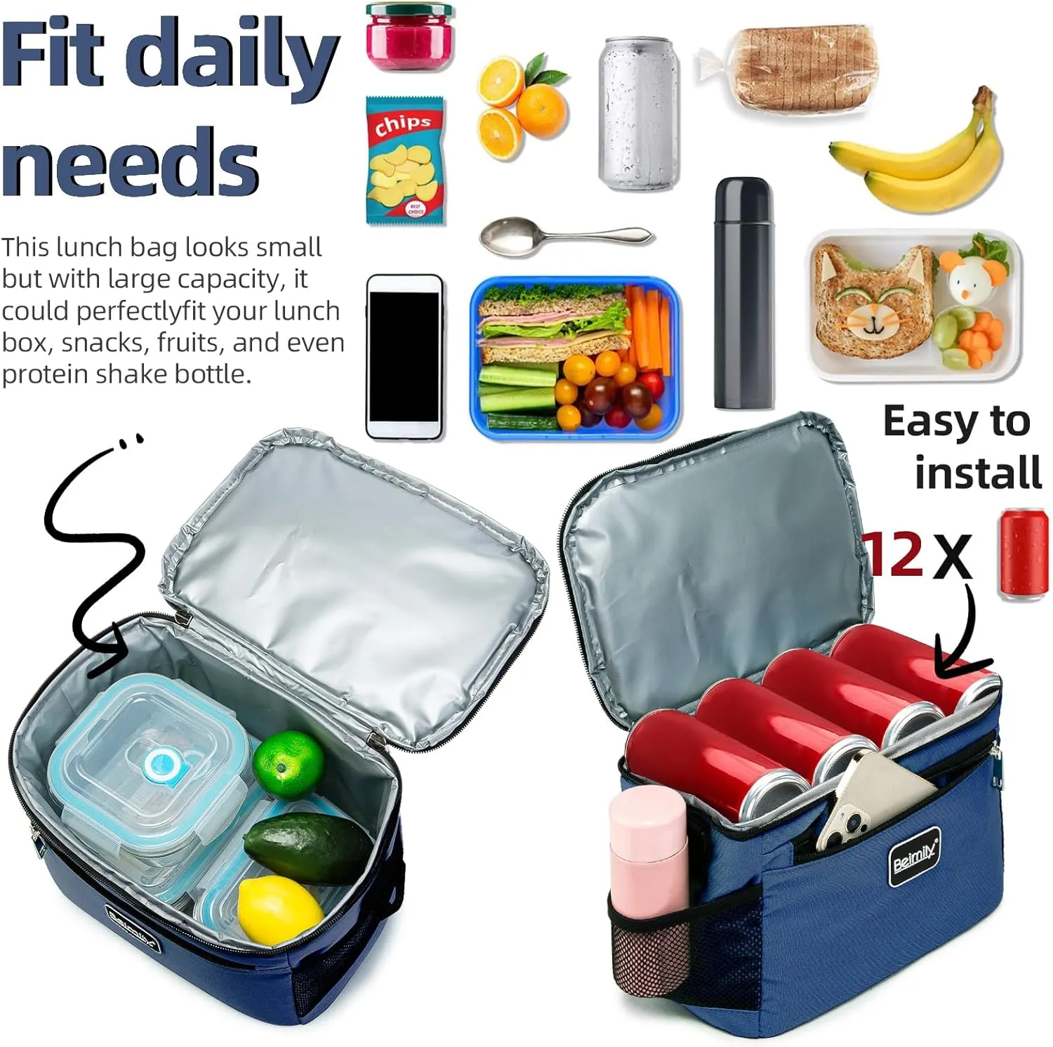 BEIMILY Lunch Box for Men/Women,Small Insulated Lunch Bag,Reusable LunchBox for work Picnic Hiking Beach,Leakproof Soft Cooler Tote Bag Organizer with Adjustable Shoulder Strap for Adults (Blue)