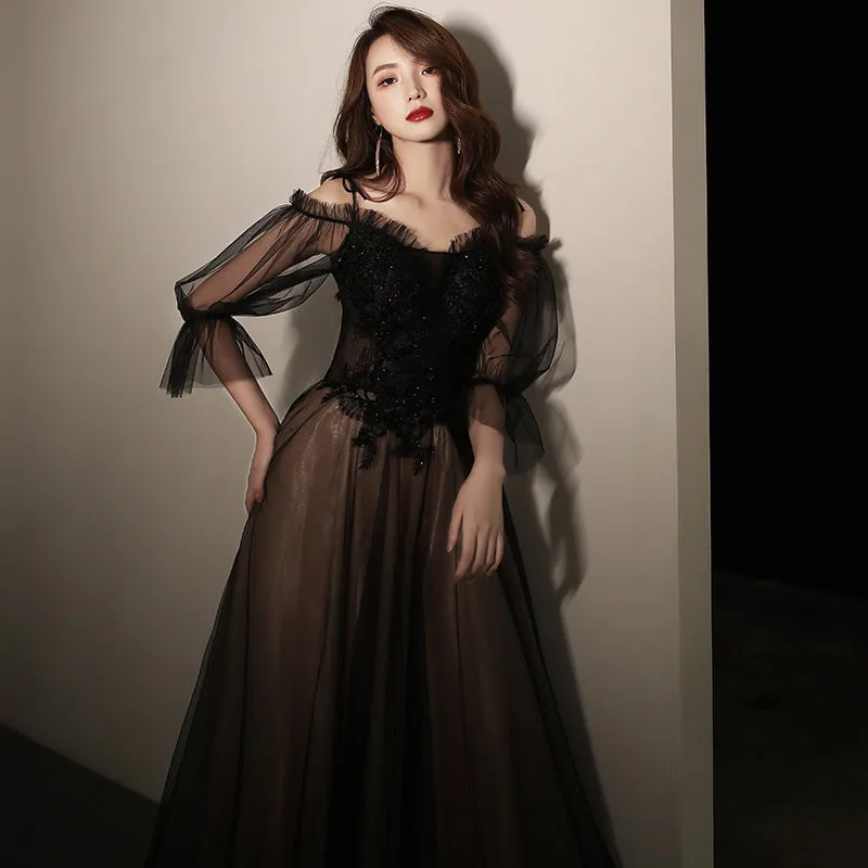 Black Off  Shoulder Long Prom Dress A Line Tulle Evening Dress 219