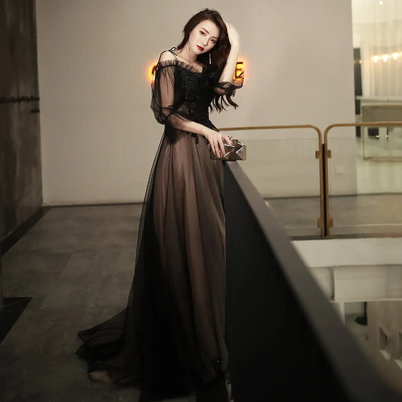 Black Off  Shoulder Long Prom Dress A Line Tulle Evening Dress 219