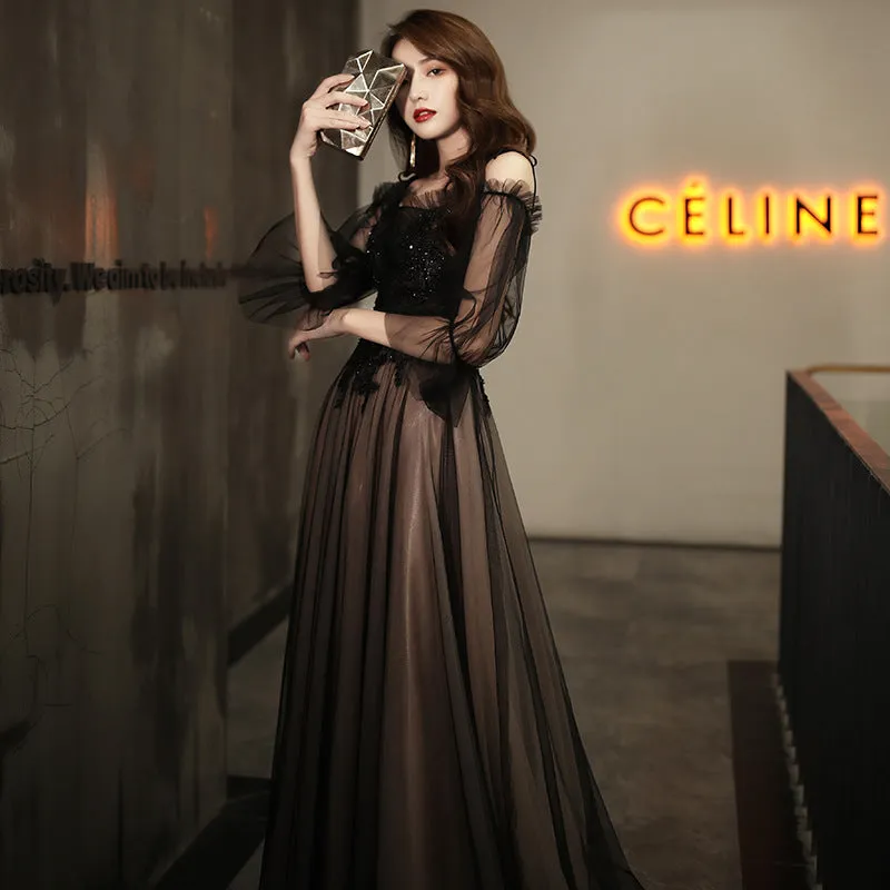 Black Off  Shoulder Long Prom Dress A Line Tulle Evening Dress 219