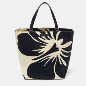 Black/White Hibiscus Printed Canvas Tote