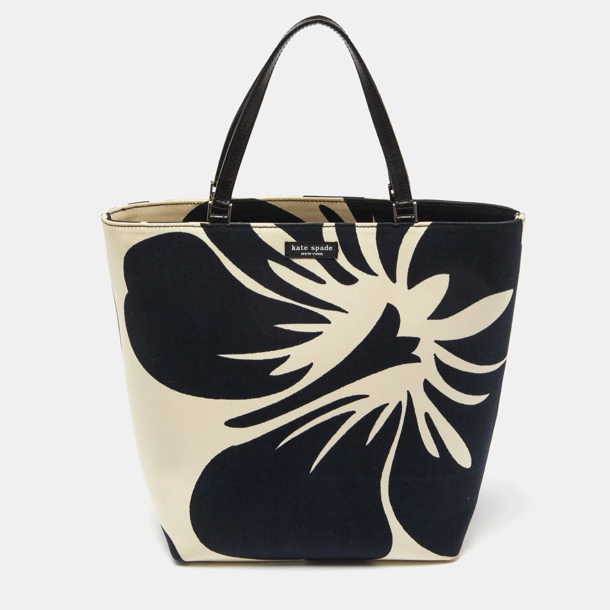 Black/White Hibiscus Printed Canvas Tote
