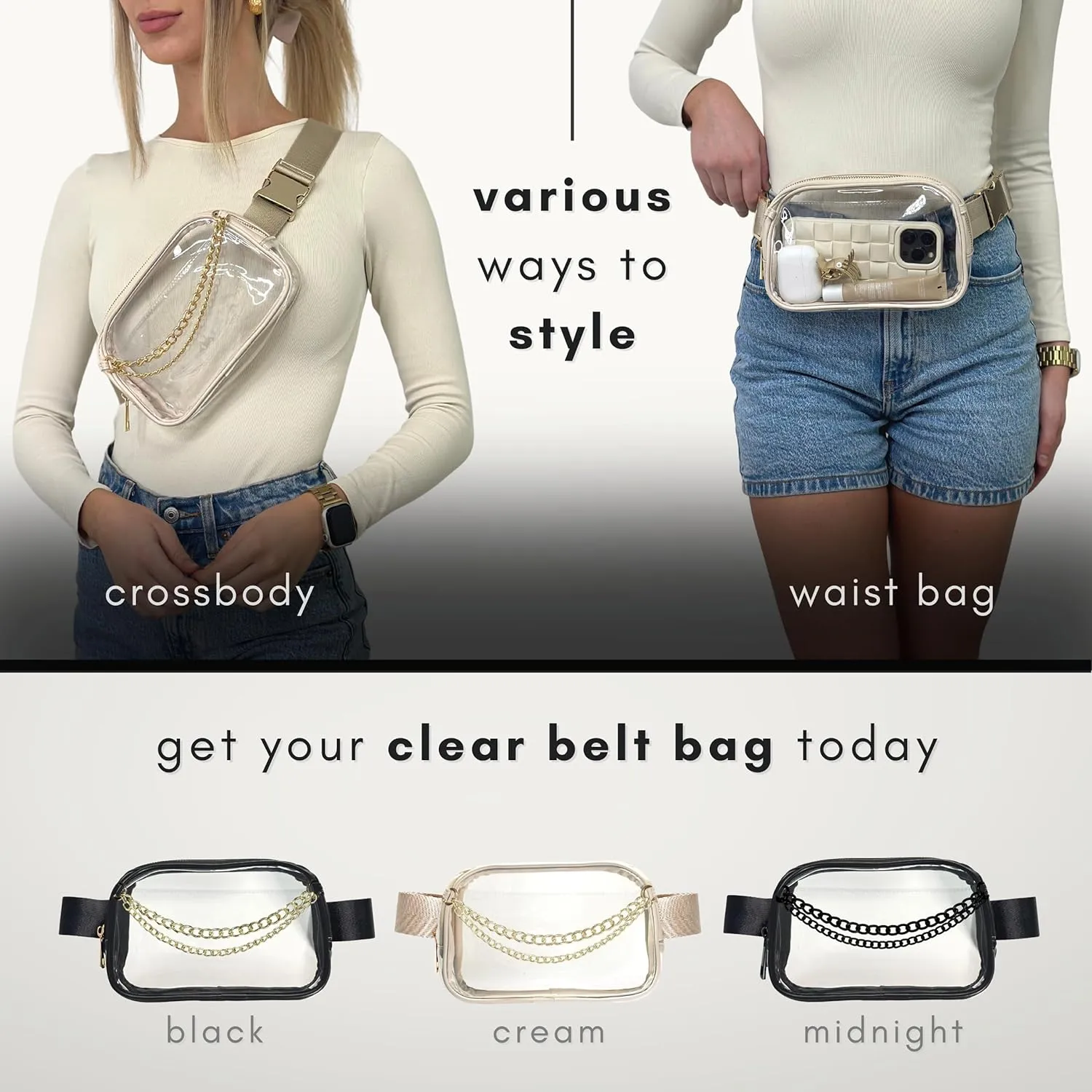 Boutique Luxury Chain Belt Bag | Crossbody Bag Leather Fanny Pack for Women Fashionable | Extended Plus Size | Everywhere Waist Pack | Small Chest Bag (Small Strap Length, Cream | Clear)