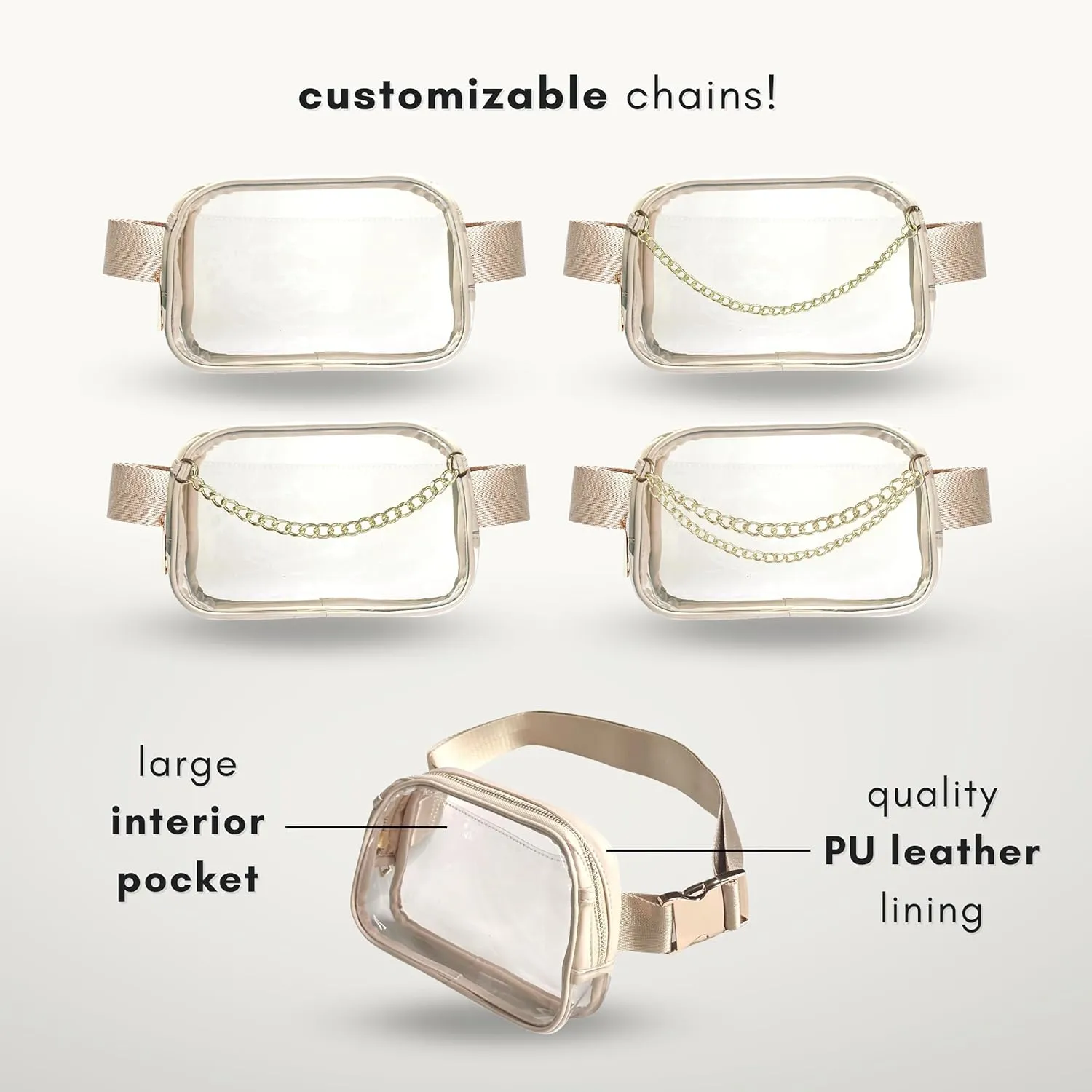 Boutique Luxury Chain Belt Bag | Crossbody Bag Leather Fanny Pack for Women Fashionable | Extended Plus Size | Everywhere Waist Pack | Small Chest Bag (Small Strap Length, Cream | Clear)