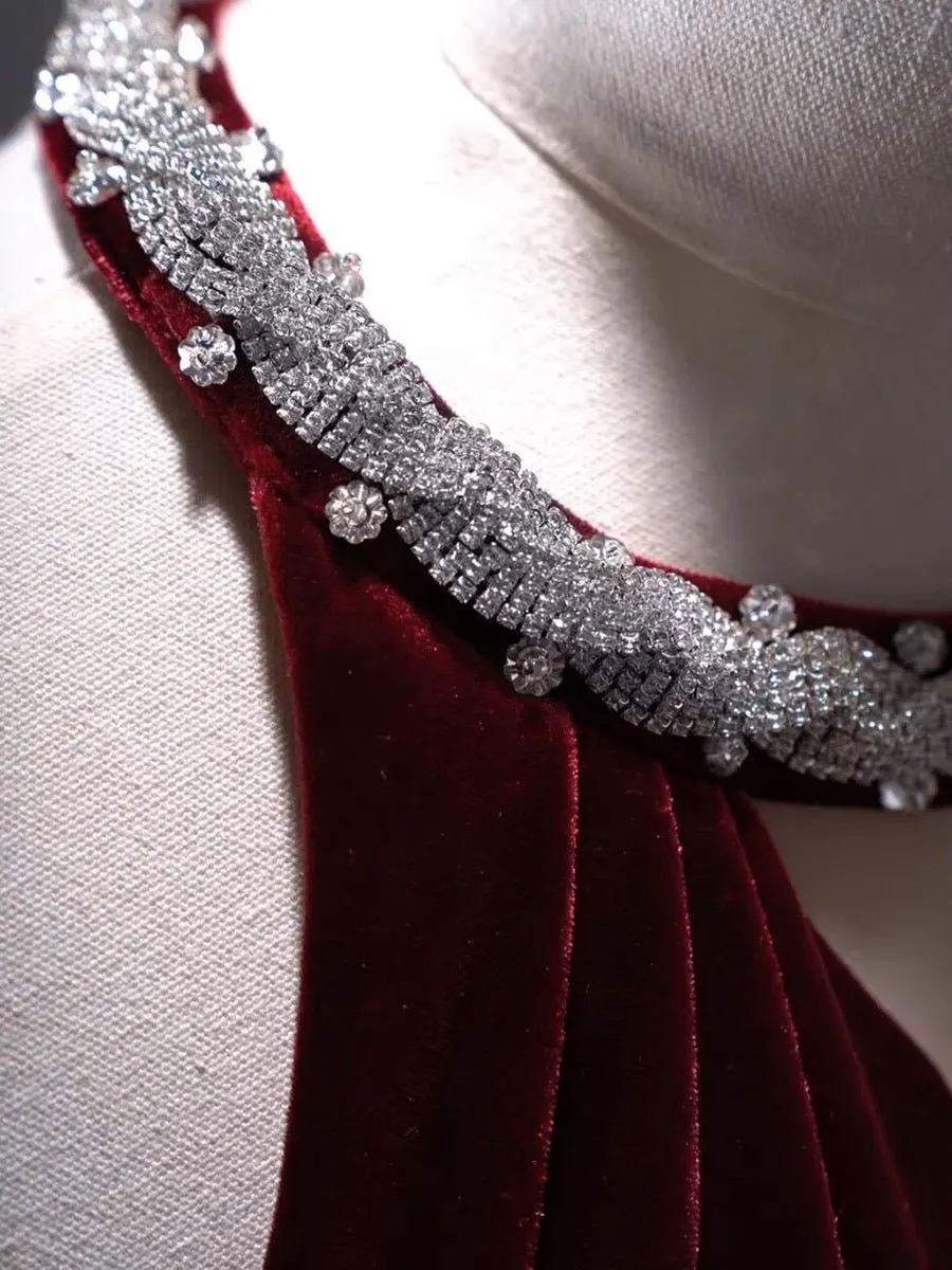 Burgundy Velvet Backless V-neck Mermaid Evening Gown With Crystal Chain Back- Plus Size
