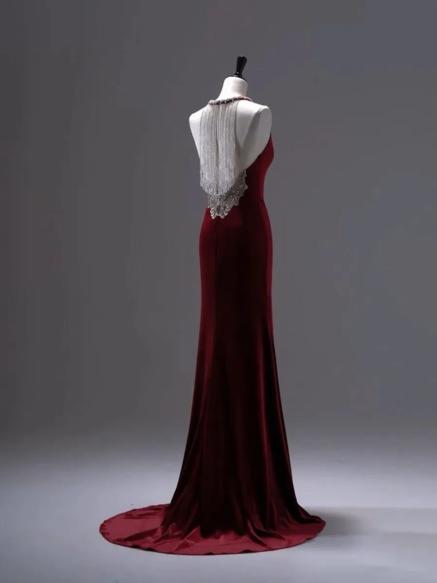 Burgundy Velvet Backless V-neck Mermaid Evening Gown With Crystal Chain Back- Plus Size