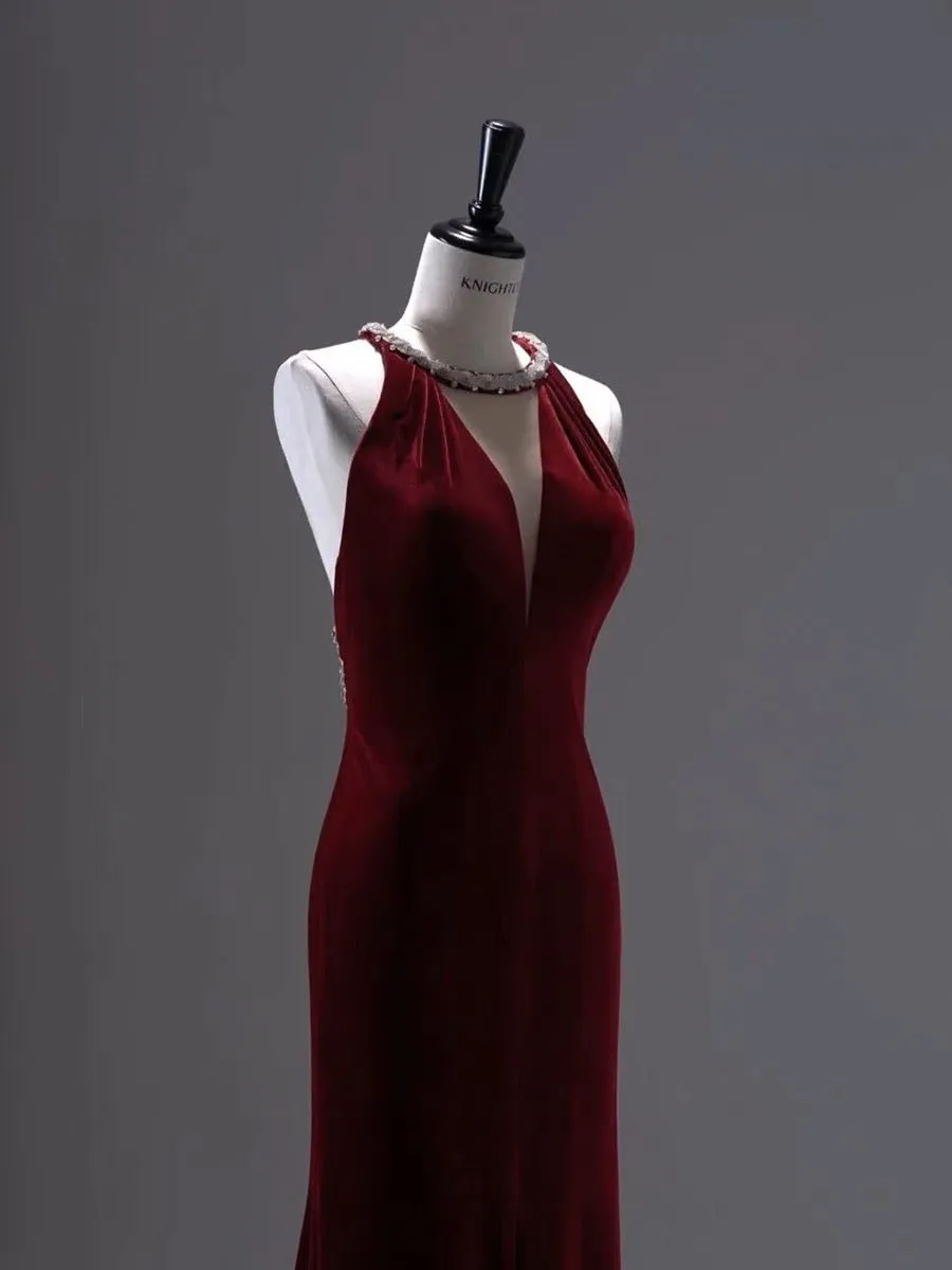 Burgundy Velvet Backless V-neck Mermaid Evening Gown With Crystal Chain Back- Plus Size