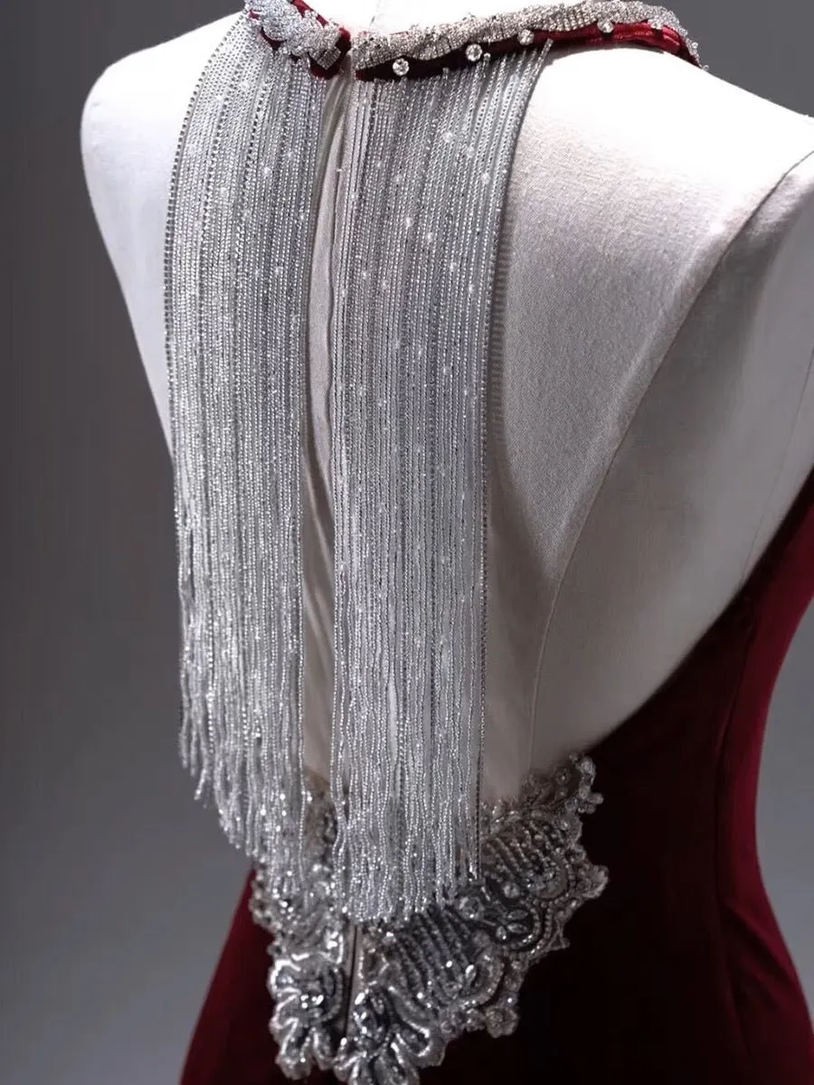 Burgundy Velvet Backless V-neck Mermaid Evening Gown With Crystal Chain Back- Plus Size