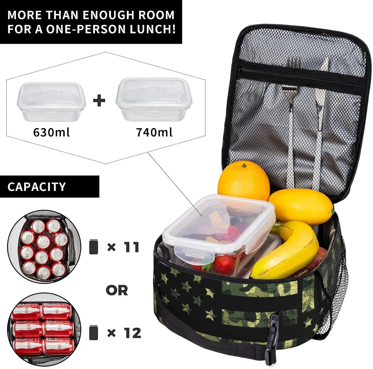 Camouflage American Flag Lunch Box Insulated Lunch Bag Box kids Girls Boys, Reusable Camo Small Bento Lunch Box Containers for kids Women Men, Cooler Tote Bag Lunchbox for Work Office School Picnic