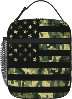 Camouflage American Flag Lunch Box Insulated Lunch Bag Box kids Girls Boys, Reusable Camo Small Bento Lunch Box Containers for kids Women Men, Cooler Tote Bag Lunchbox for Work Office School Picnic