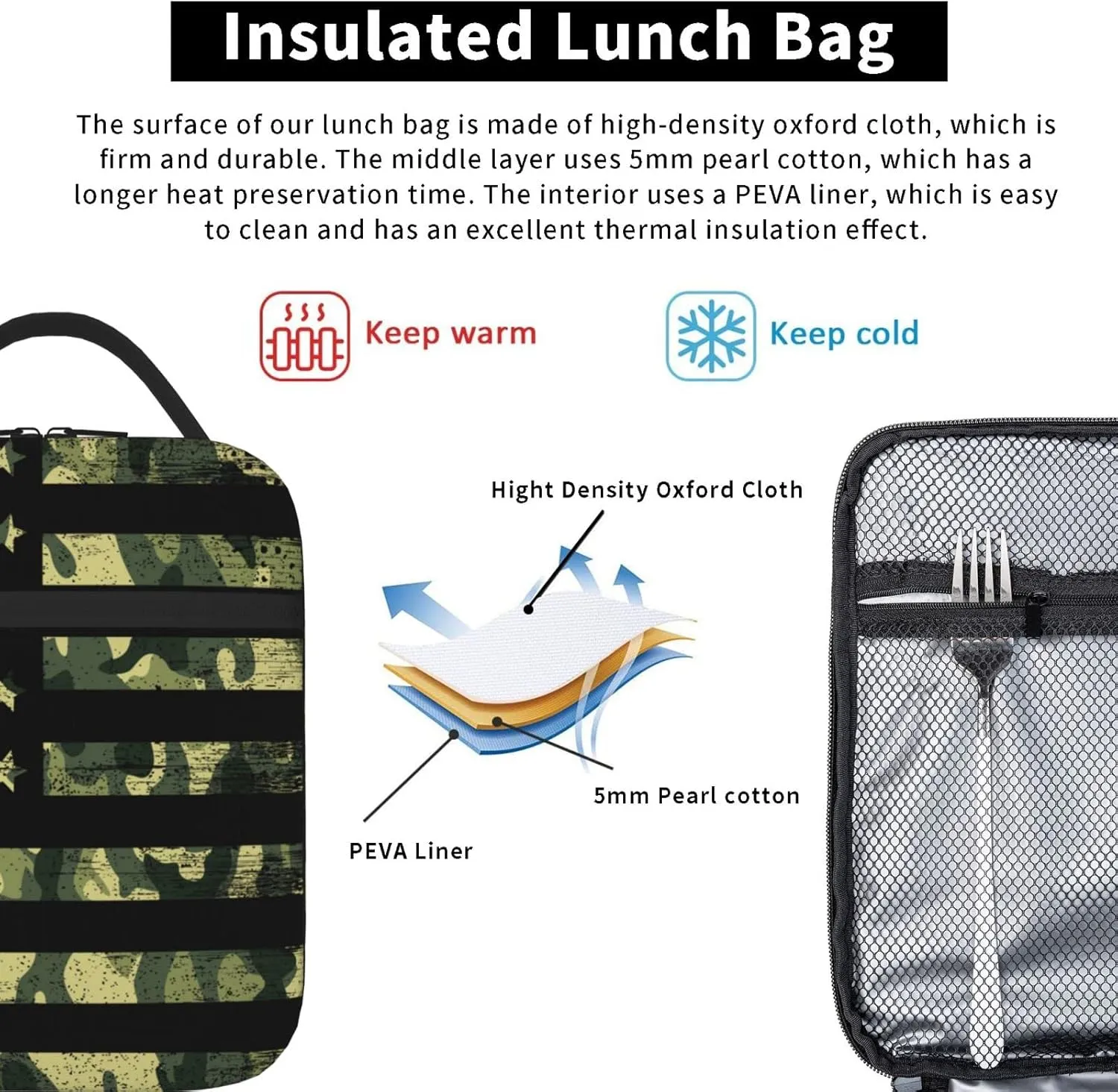 Camouflage American Flag Lunch Box Insulated Lunch Bag Box kids Girls Boys, Reusable Camo Small Bento Lunch Box Containers for kids Women Men, Cooler Tote Bag Lunchbox for Work Office School Picnic
