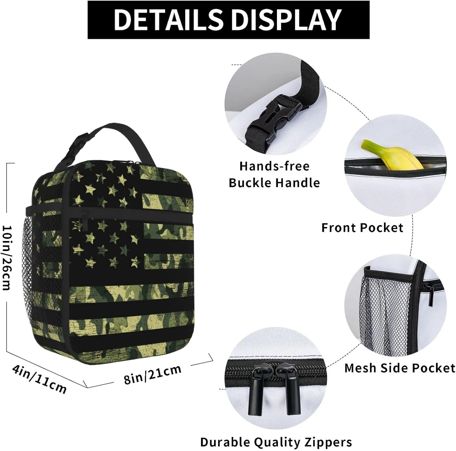 Camouflage American Flag Lunch Box Insulated Lunch Bag Box kids Girls Boys, Reusable Camo Small Bento Lunch Box Containers for kids Women Men, Cooler Tote Bag Lunchbox for Work Office School Picnic