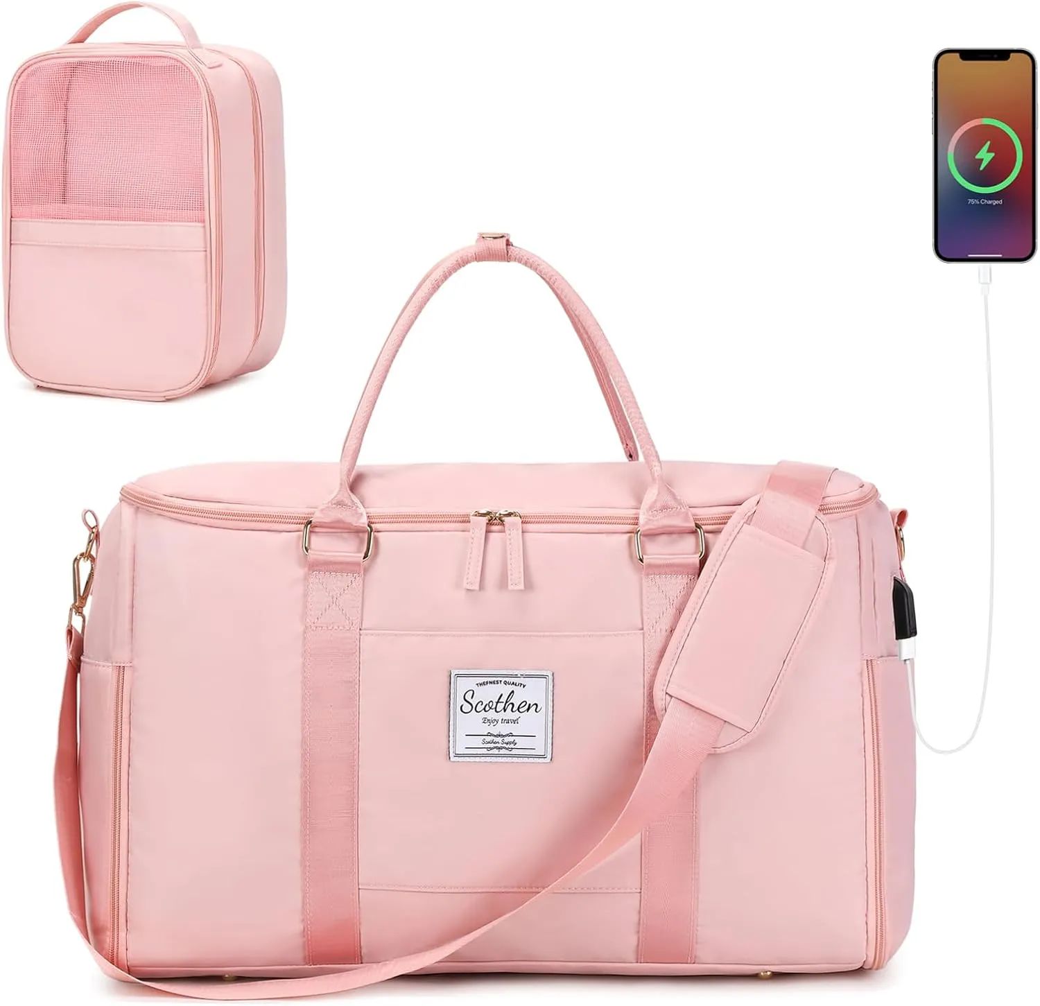 Carry On Garment Bag,Large Nylon Duffle Bag for Women,Waterproof Garment Bags for Travel with Toiletry & Shoe bag,2 in 1 Hanging Suitcase Suit Travel Bags with USB Charging Port,Gifts for Women,Pink