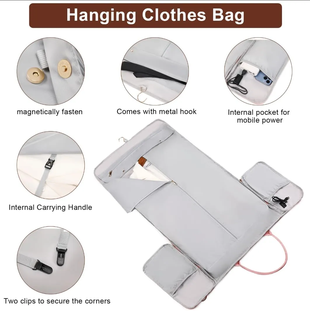 Carry On Garment Bag,Large Nylon Duffle Bag for Women,Waterproof Garment Bags for Travel with Toiletry & Shoe bag,2 in 1 Hanging Suitcase Suit Travel Bags with USB Charging Port,Gifts for Women,Pink