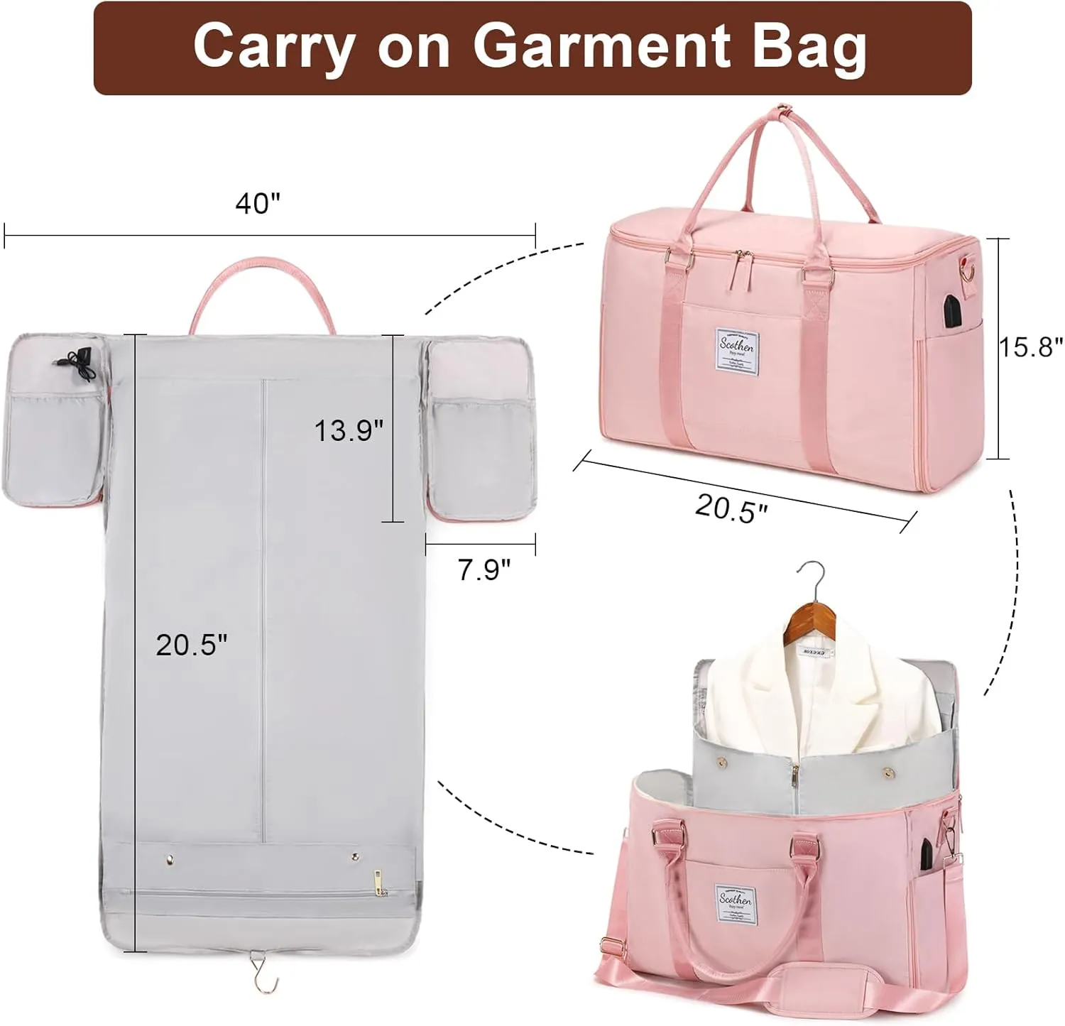 Carry On Garment Bag,Large Nylon Duffle Bag for Women,Waterproof Garment Bags for Travel with Toiletry & Shoe bag,2 in 1 Hanging Suitcase Suit Travel Bags with USB Charging Port,Gifts for Women,Pink