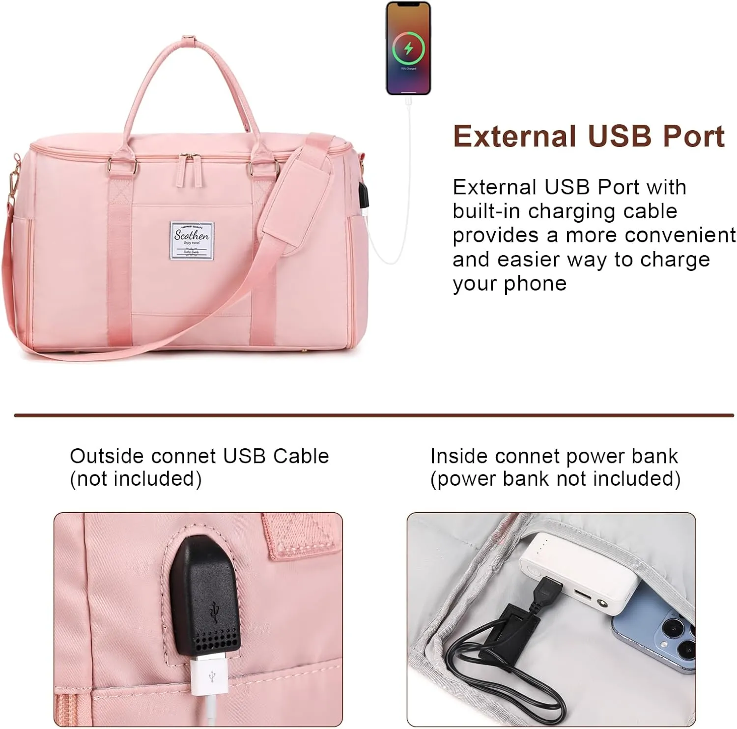 Carry On Garment Bag,Large Nylon Duffle Bag for Women,Waterproof Garment Bags for Travel with Toiletry & Shoe bag,2 in 1 Hanging Suitcase Suit Travel Bags with USB Charging Port,Gifts for Women,Pink