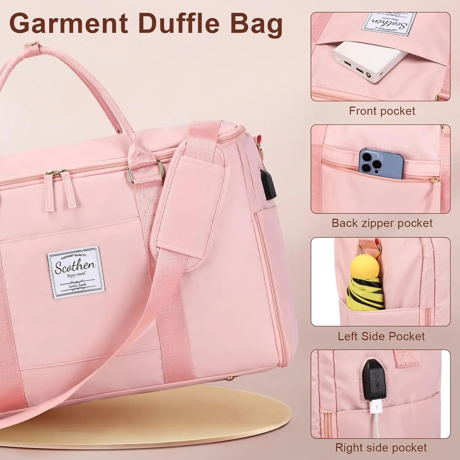Carry On Garment Bag,Large Nylon Duffle Bag for Women,Waterproof Garment Bags for Travel with Toiletry & Shoe bag,2 in 1 Hanging Suitcase Suit Travel Bags with USB Charging Port,Gifts for Women,Pink