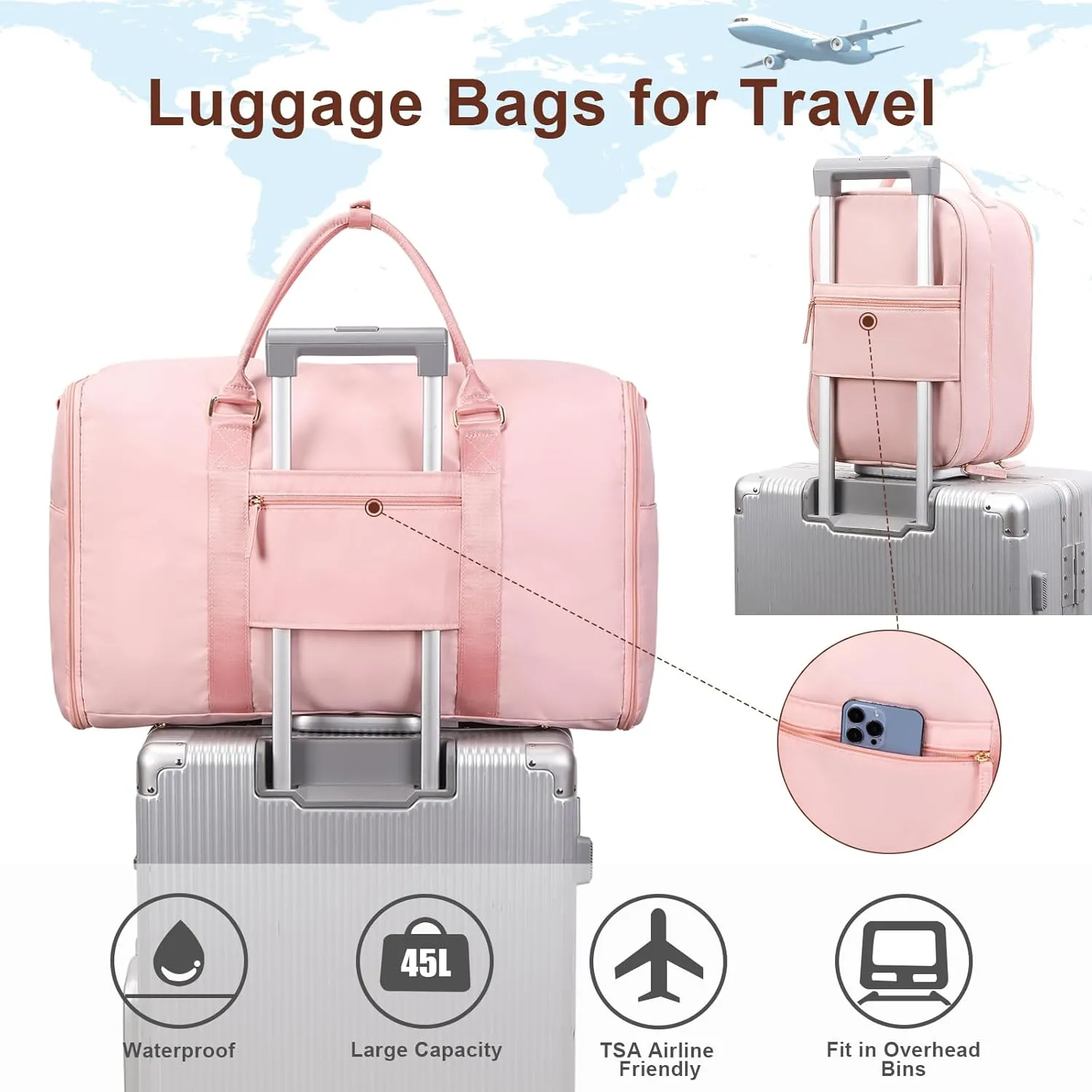 Carry On Garment Bag,Large Nylon Duffle Bag for Women,Waterproof Garment Bags for Travel with Toiletry & Shoe bag,2 in 1 Hanging Suitcase Suit Travel Bags with USB Charging Port,Gifts for Women,Pink