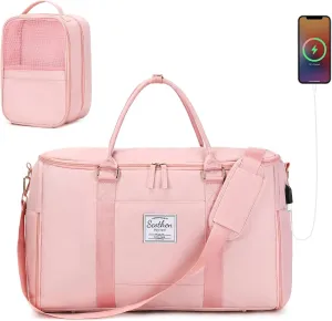Carry On Garment Bag,Large Nylon Duffle Bag for Women,Waterproof Garment Bags for Travel with Toiletry & Shoe bag,2 in 1 Hanging Suitcase Suit Travel Bags with USB Charging Port,Gifts for Women,Pink