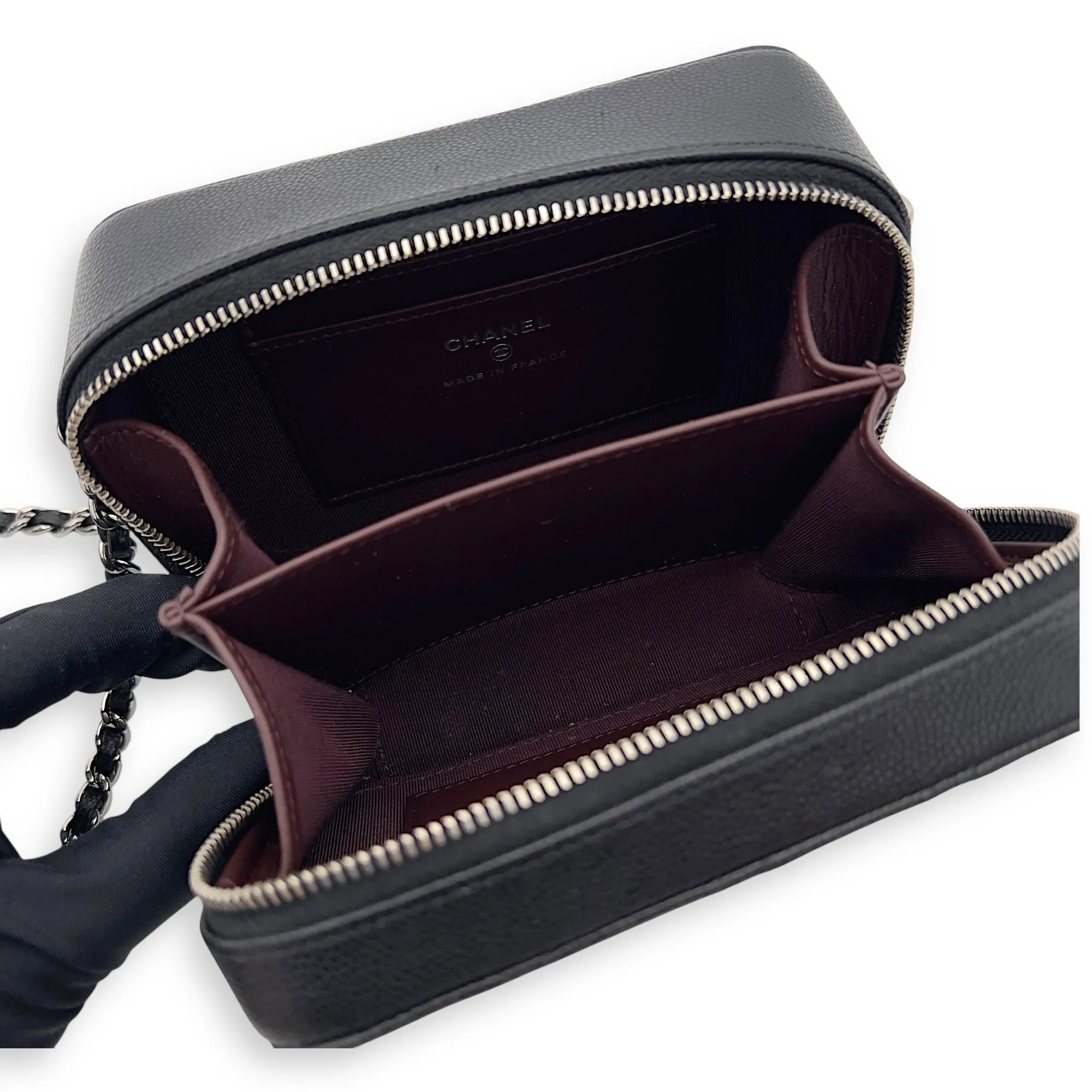 CC Camera Black Crossbody Bag in Caviar Leather, Silver hardware