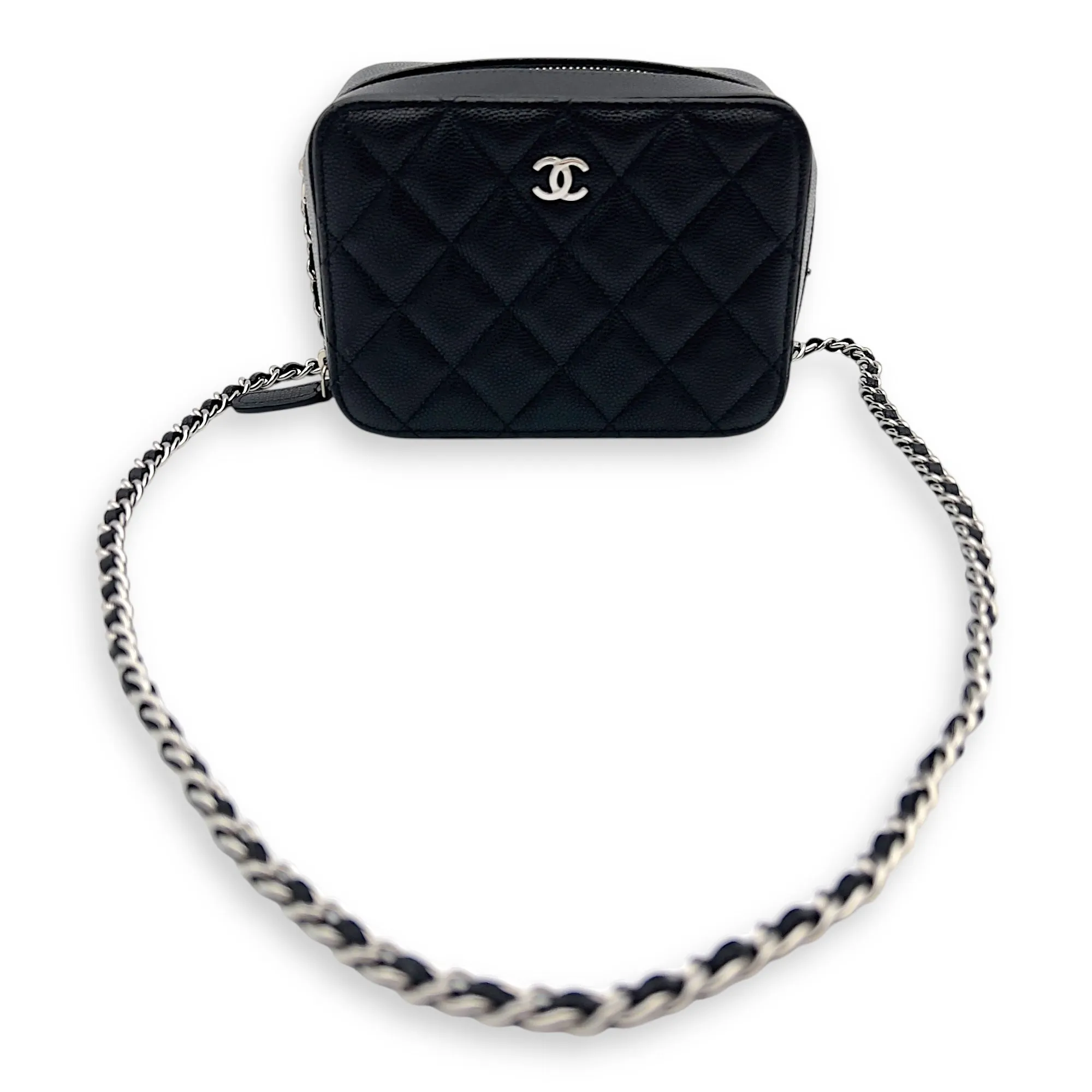CC Camera Black Crossbody Bag in Caviar Leather, Silver hardware