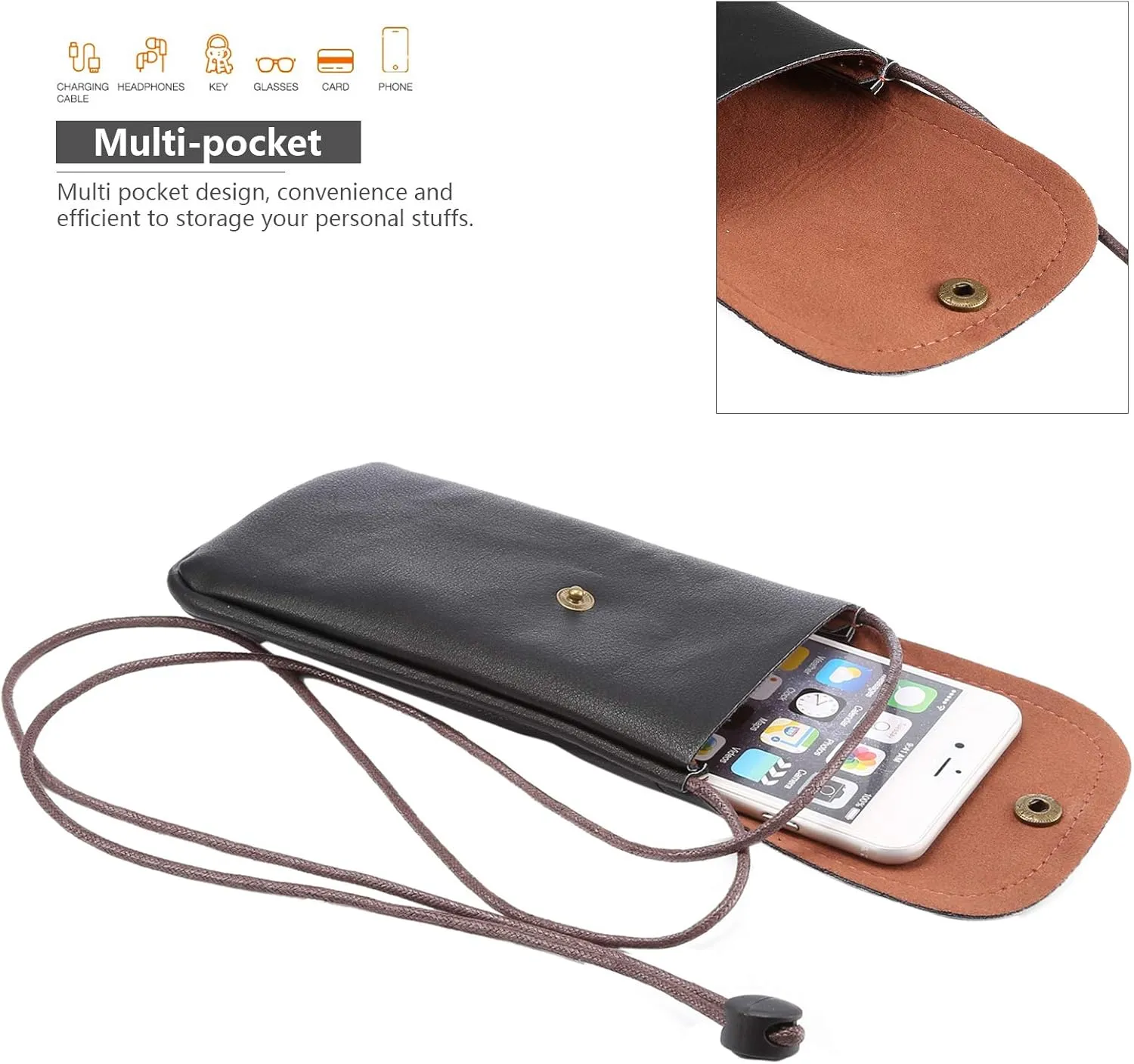 Cell Phone Neck Pouch PU Leather Carrying Bag with Credit Card Holder Adjustable Strap, Small Travel Purse for iPhone 11 XR XS Max SE 8 7 6 Plus, Galaxy S10 S7 Edge A10 J7, Moto G6 (Black)