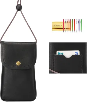 Cell Phone Neck Pouch PU Leather Carrying Bag with Credit Card Holder Adjustable Strap, Small Travel Purse for iPhone 11 XR XS Max SE 8 7 6 Plus, Galaxy S10 S7 Edge A10 J7, Moto G6 (Black)