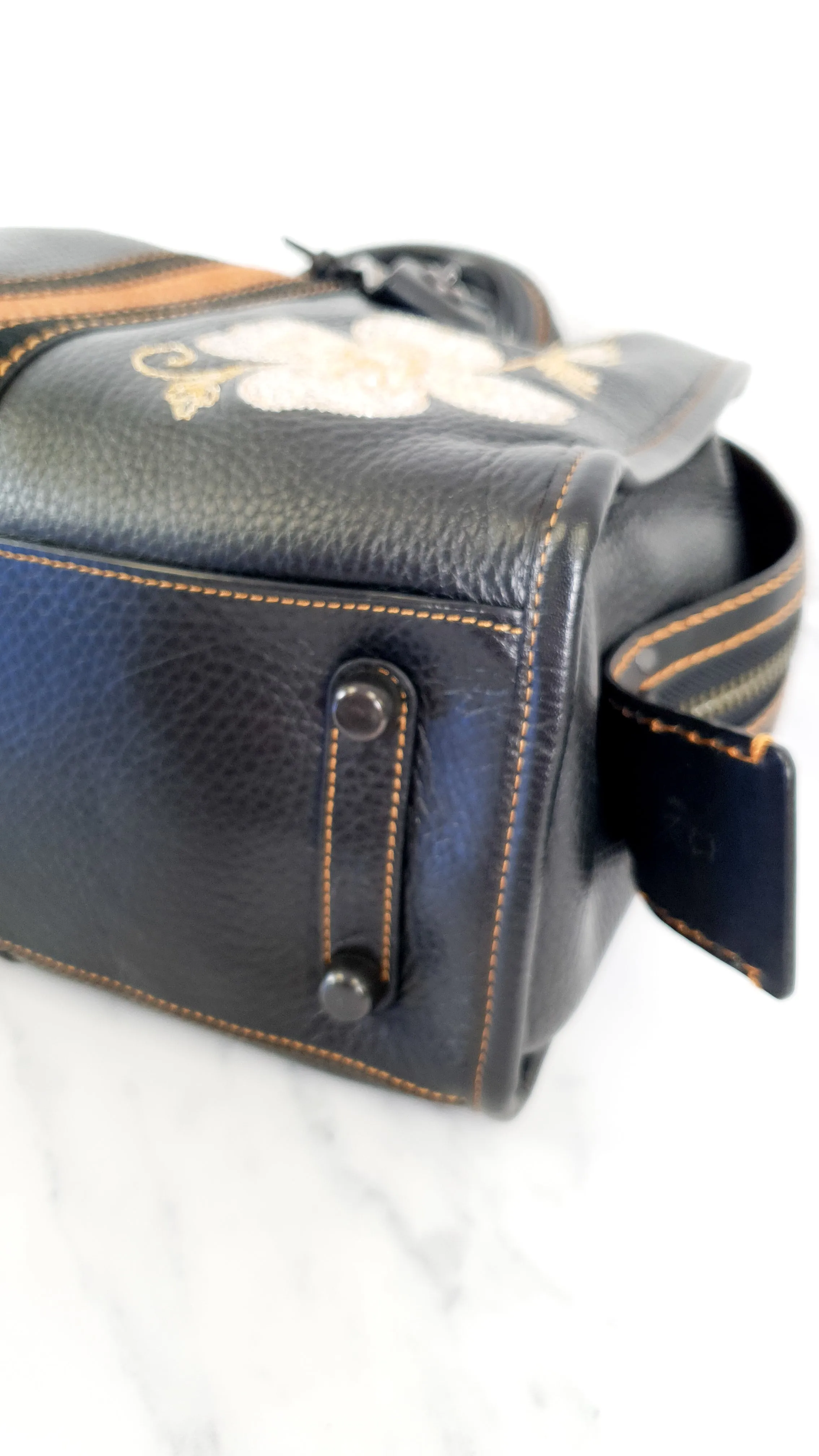 Coach 1941 Rogue 31 in Black with Western Embroidery Flowers & Varsity Stripe - Satchel Handbag Coach 57230