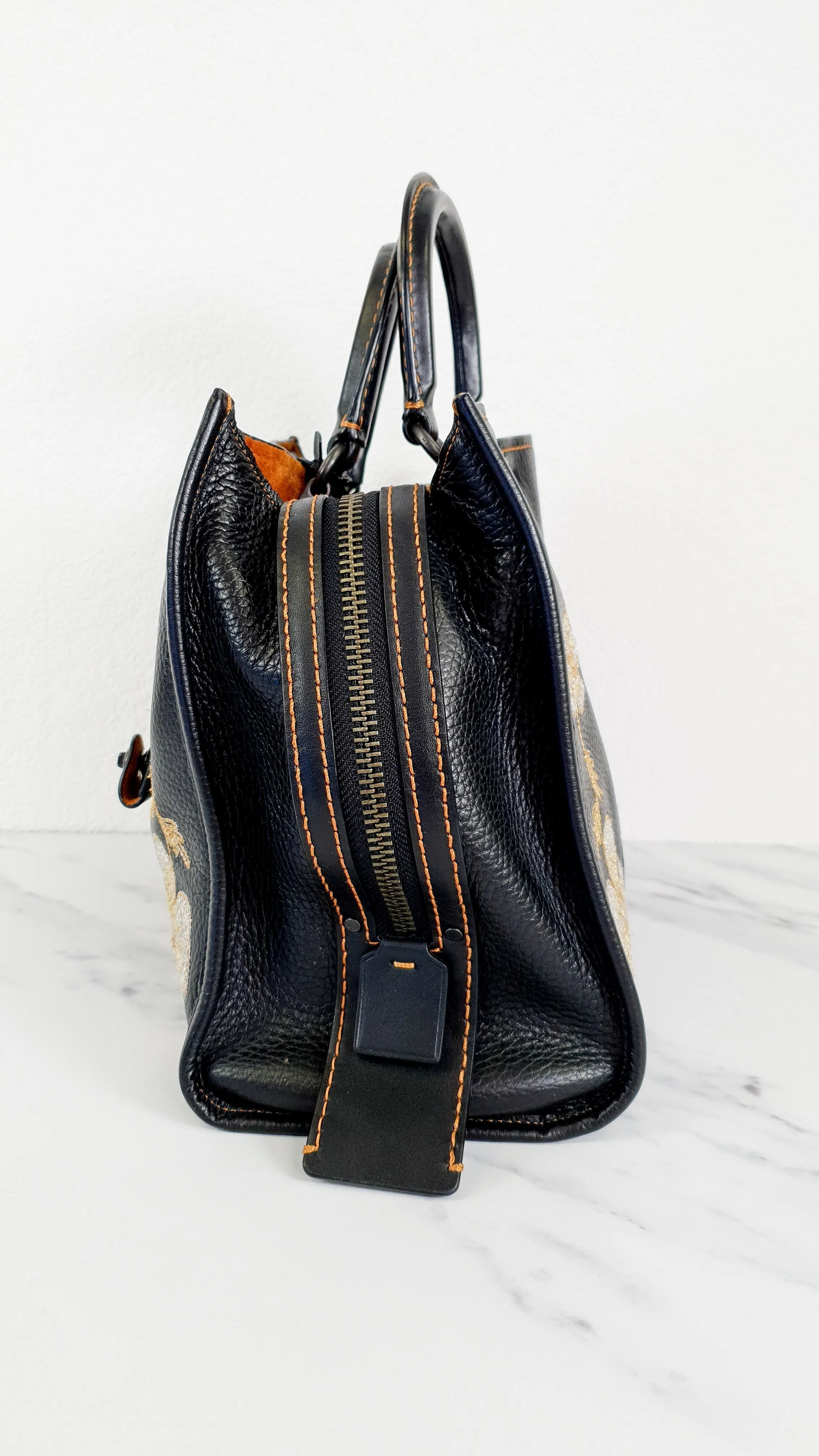 Coach 1941 Rogue 31 in Black with Western Embroidery Flowers & Varsity Stripe - Satchel Handbag Coach 57230