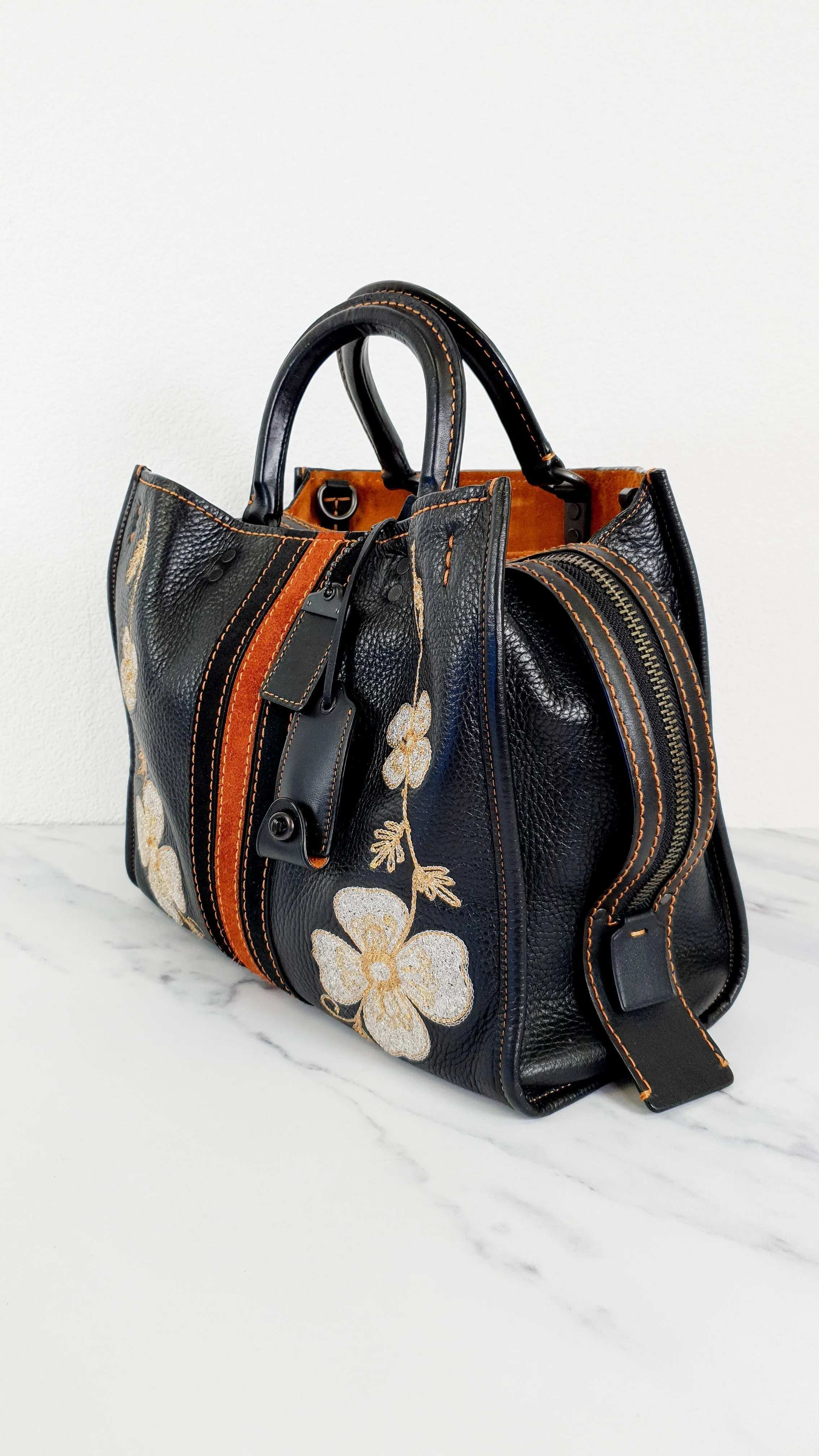 Coach 1941 Rogue 31 in Black with Western Embroidery Flowers & Varsity Stripe - Satchel Handbag Coach 57230