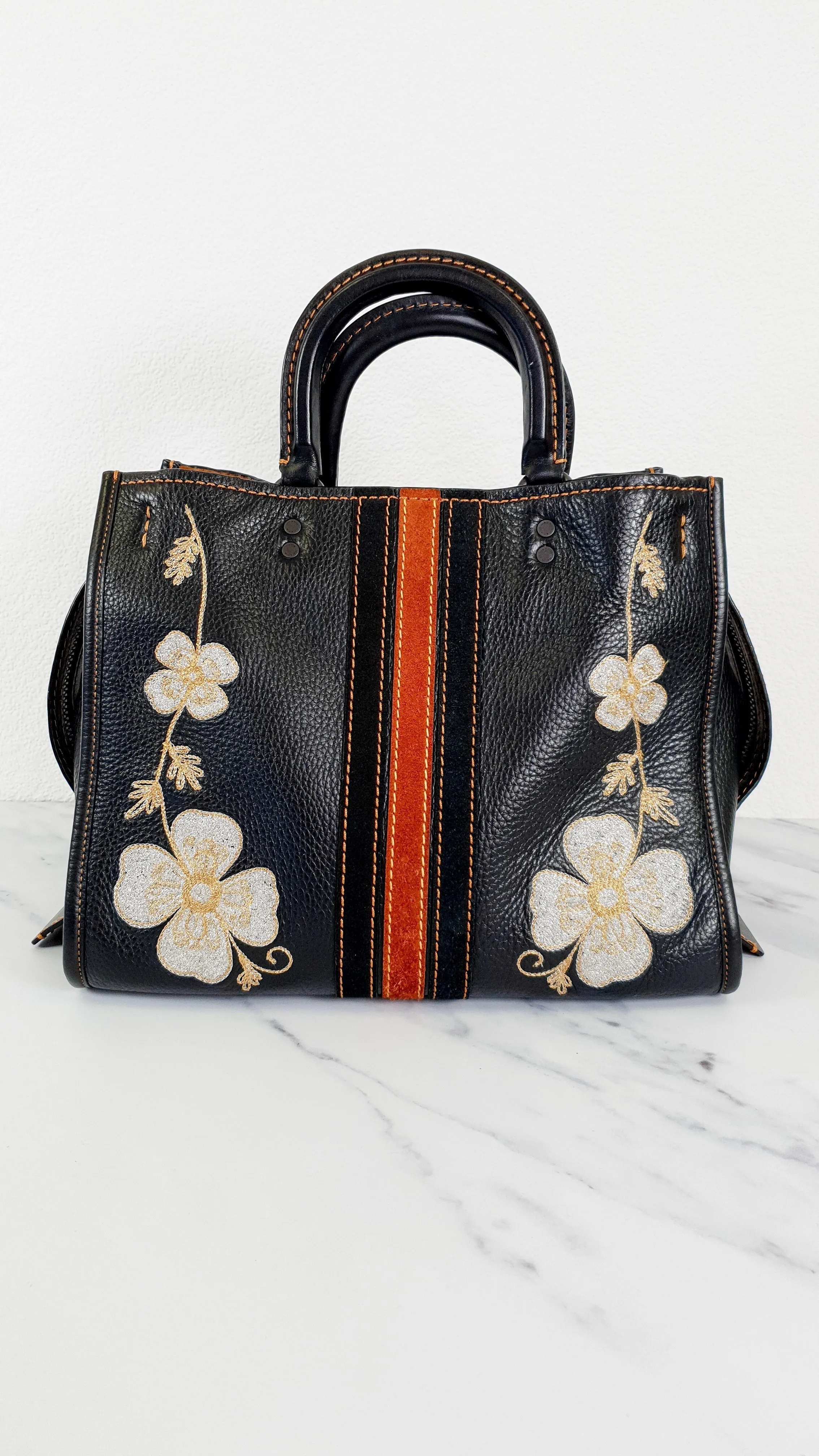 Coach 1941 Rogue 31 in Black with Western Embroidery Flowers & Varsity Stripe - Satchel Handbag Coach 57230